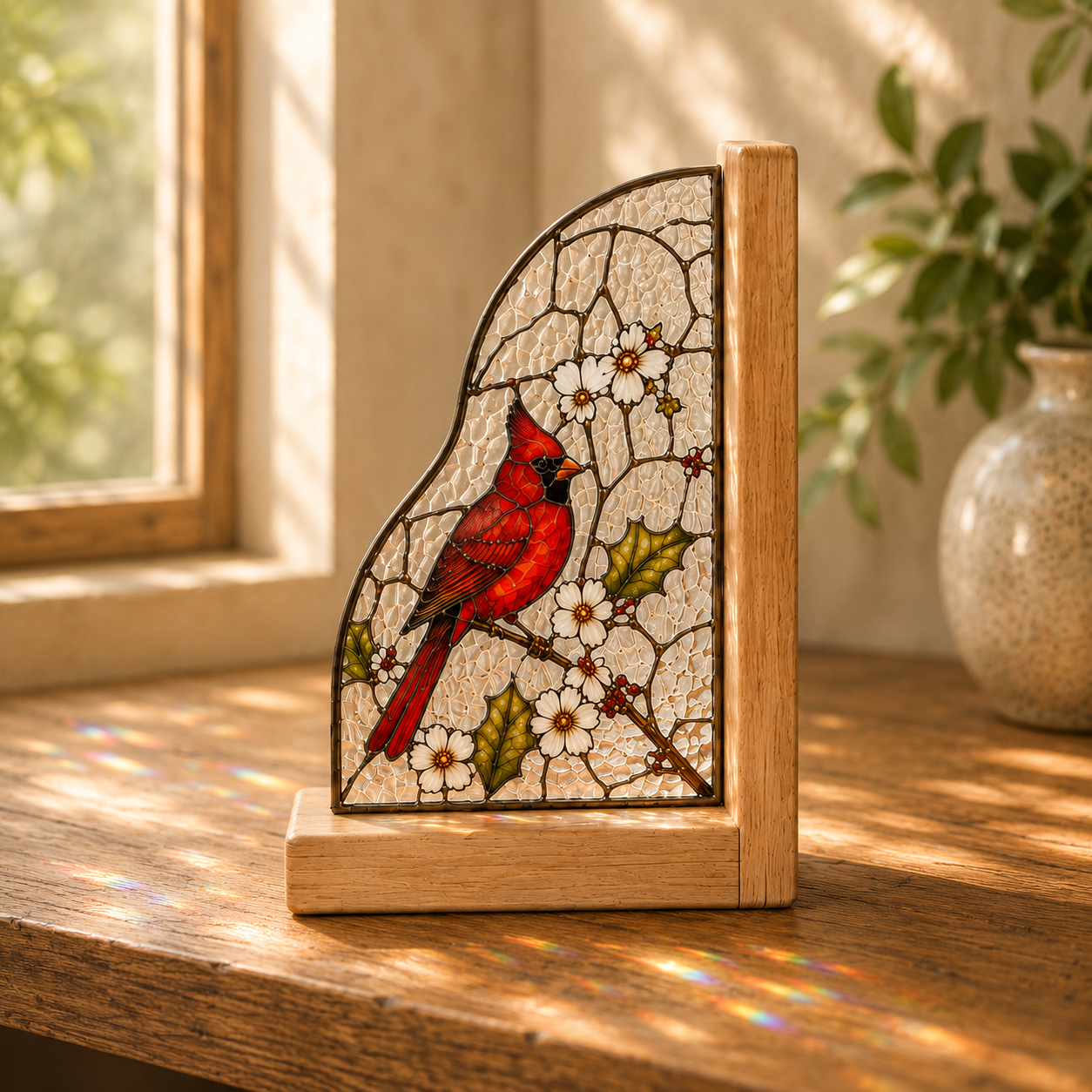 Cardinal Bird Bookends | Wood Glass Bookend Set | Stained Glass Style Bookshelf Decor | Bird Lover Gift | Memorial Gift