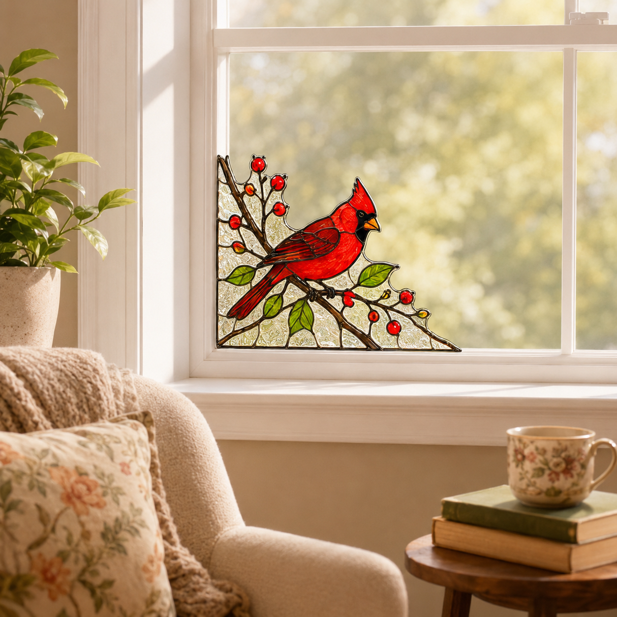 Red Cardinal Stained Glass Window Corner Decor – Bird Hanging Ornament with Berry Branch