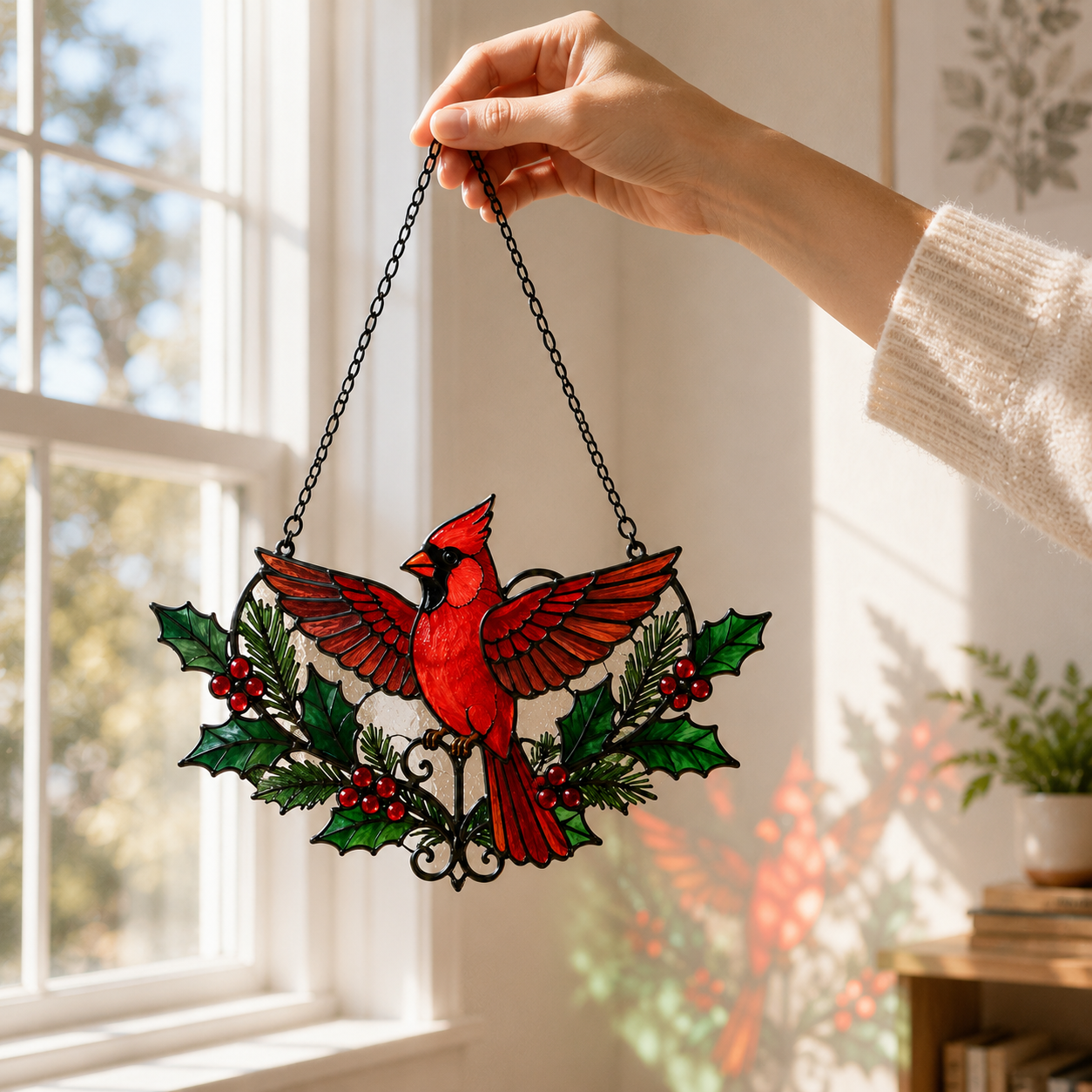 Cardinal Suncatcher | Christmas Window Hanging | Stained Glass Style Bird Decor | Car Hanging Decor | Holiday Gift for Believers | Winter Home Decor