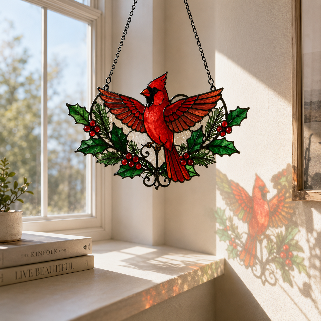 Cardinal Suncatcher | Christmas Window Hanging | Stained Glass Style Bird Decor | Car Hanging Decor | Holiday Gift for Believers | Winter Home Decor