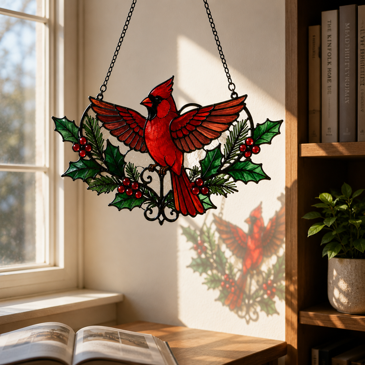 Cardinal Suncatcher | Christmas Window Hanging | Stained Glass Style Bird Decor | Car Hanging Decor | Holiday Gift for Believers | Winter Home Decor