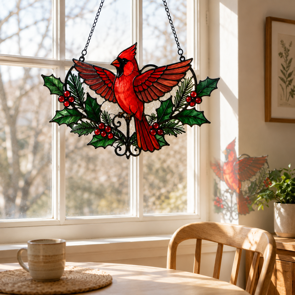 Cardinal Suncatcher | Christmas Window Hanging | Stained Glass Style Bird Decor | Car Hanging Decor | Holiday Gift for Believers | Winter Home Decor