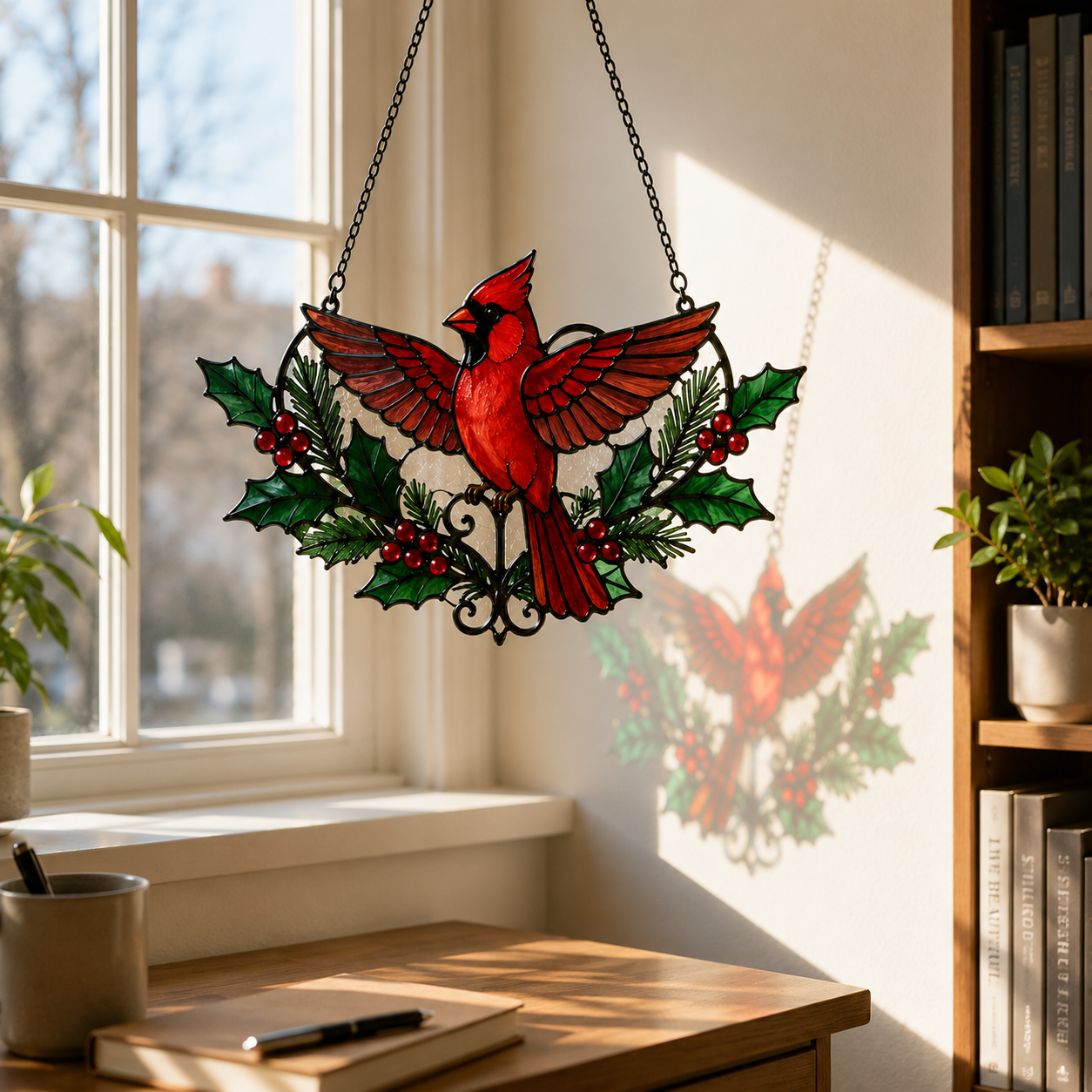Cardinal Suncatcher | Christmas Window Hanging | Stained Glass Style Bird Decor | Car Hanging Decor | Holiday Gift for Believers | Winter Home Decor