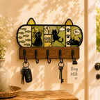 Cute Black Cat Stained Glass Wall Key Holder with 5 Hooks – Entryway Organizer