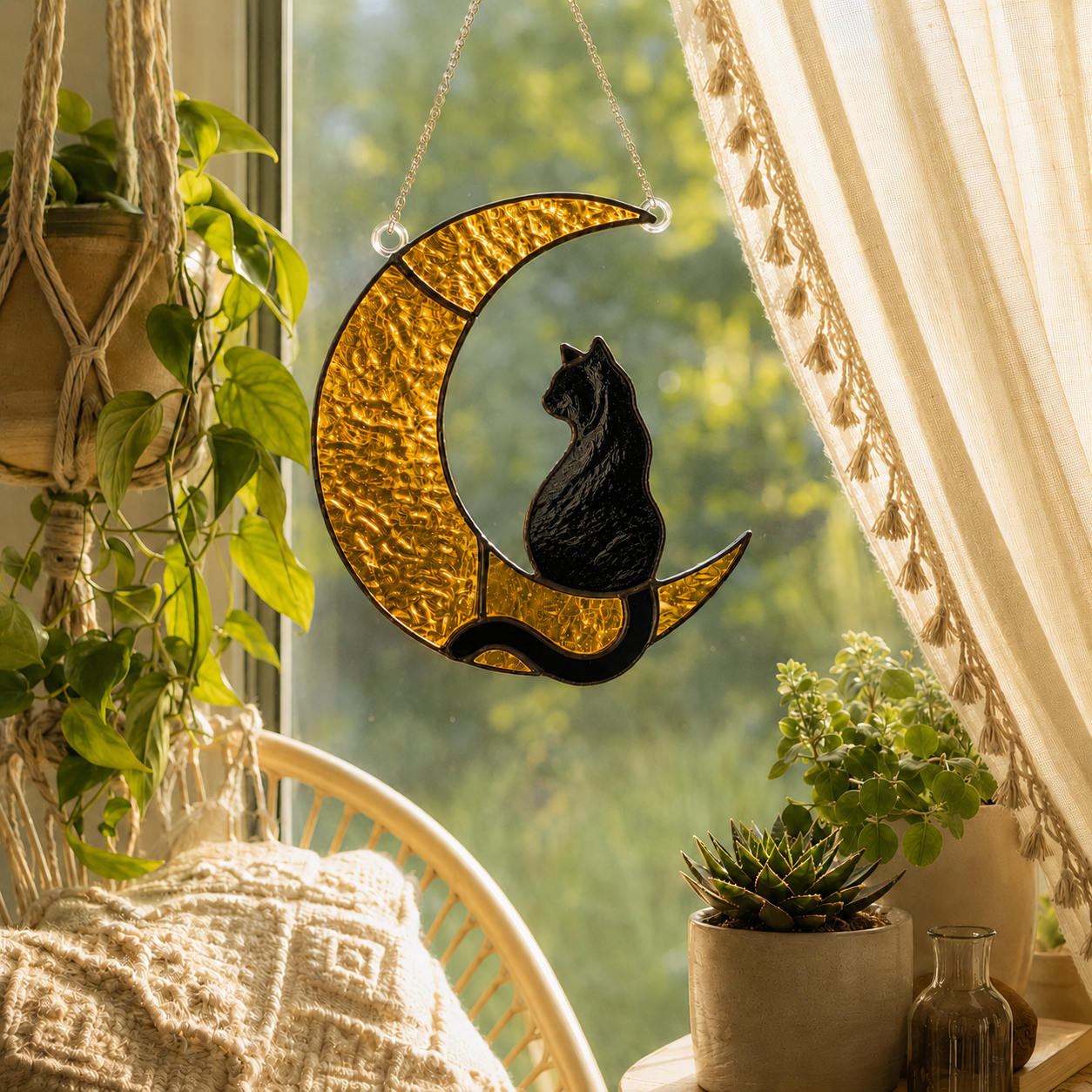 Black Cat Crescent Moon Stained Glass Suncatcher – Witchy Celestial Window Hanging