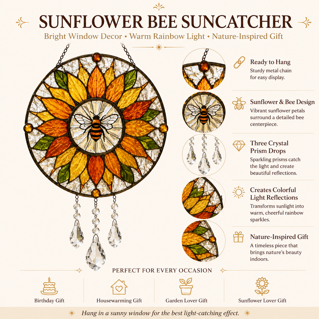 Sunflower Bee Suncatcher | Stained Glass Style Window Hanging | Crystal Rainbow Decor | Bee Lover Gift | Sunroom Decor