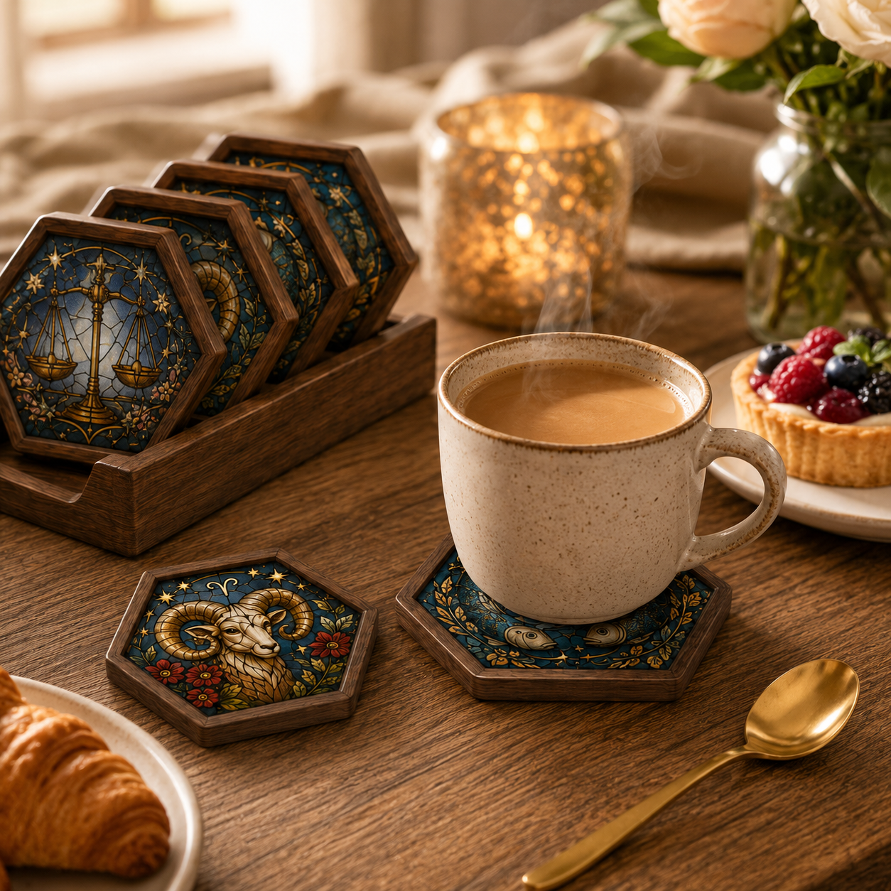 Vintage Wood Glass Zodiac Coasters | Astrology Coaster Set | Stained Glass Style Drink Coasters | Coffee Bar Decor | Zodiac Birthday Gift