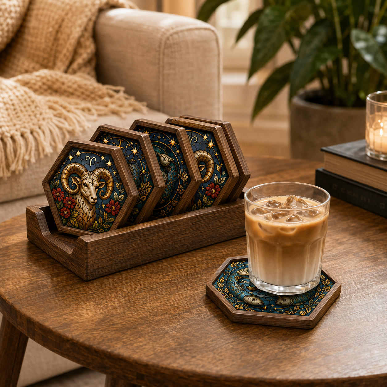 Vintage Wood Glass Zodiac Coasters | Astrology Coaster Set | Stained Glass Style Drink Coasters | Coffee Bar Decor | Zodiac Birthday Gift