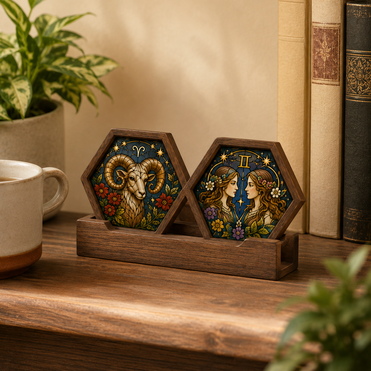 Vintage Wood Glass Zodiac Coasters | Astrology Coaster Set | Stained Glass Style Drink Coasters | Coffee Bar Decor | Zodiac Birthday Gift
