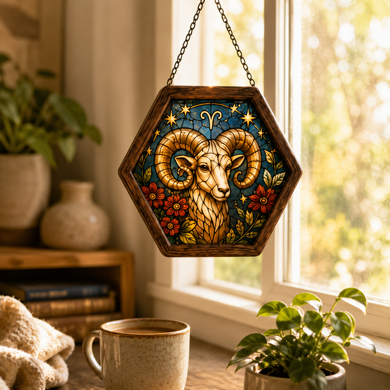 Vintage Wood Glass Zodiac Coasters | Astrology Coaster Set | Stained Glass Style Drink Coasters | Coffee Bar Decor | Zodiac Birthday Gift