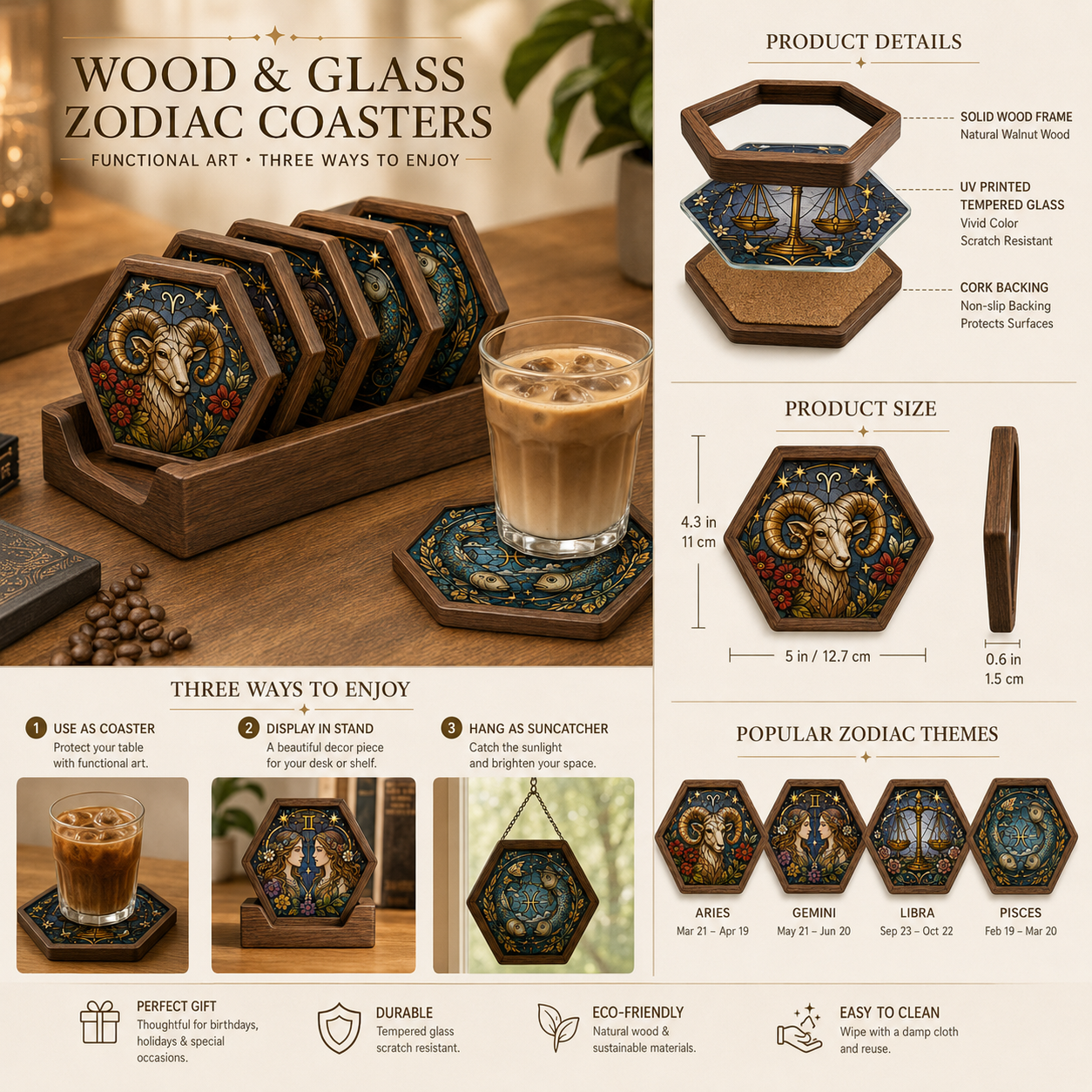 Vintage Wood Glass Zodiac Coasters | Astrology Coaster Set | Stained Glass Style Drink Coasters | Coffee Bar Decor | Zodiac Birthday Gift