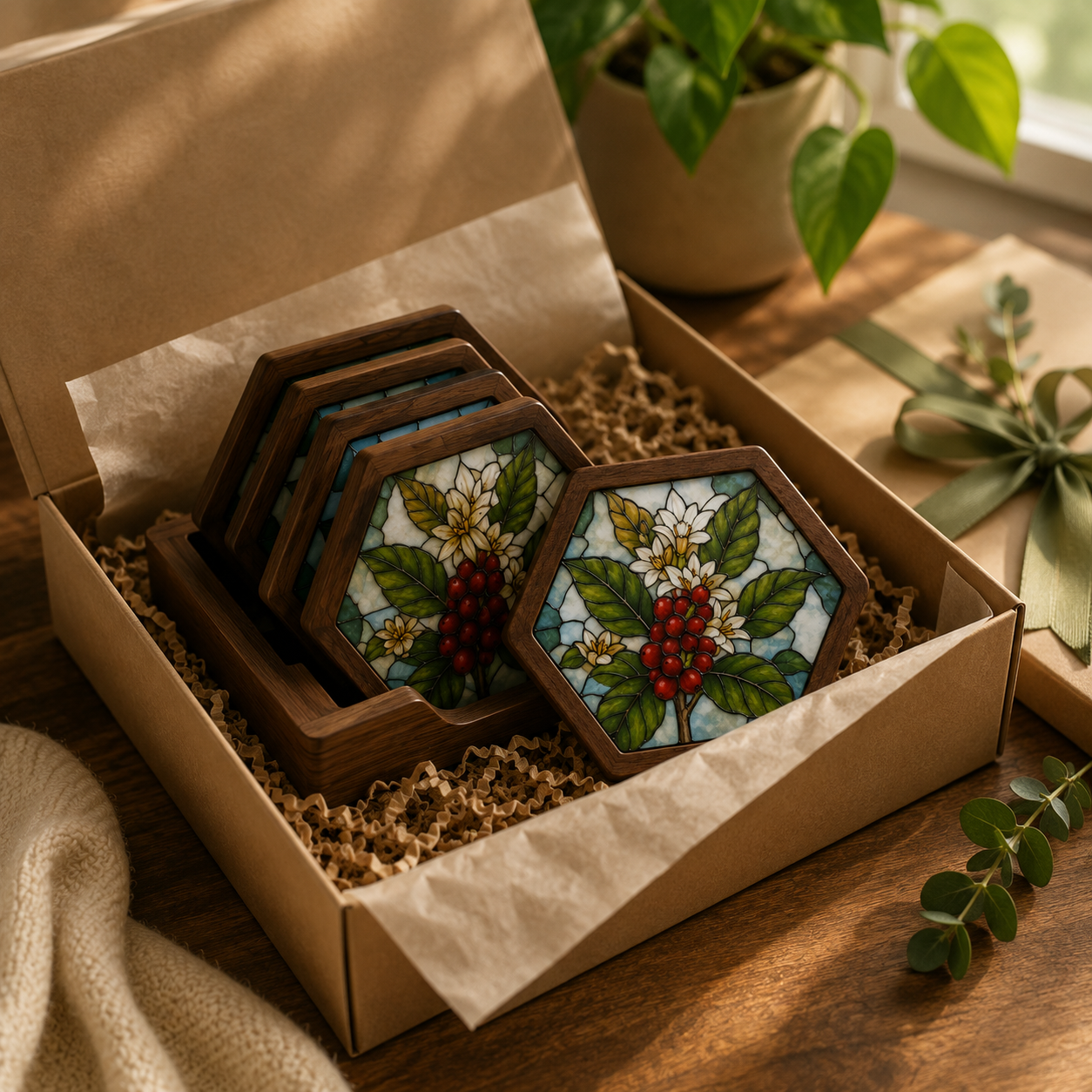 Wood Glass Art Coasters | Stained Glass Style Coffee Coaster Set | Suncatcher Decor | Coffee Bar Decor | Housewarming Gift
