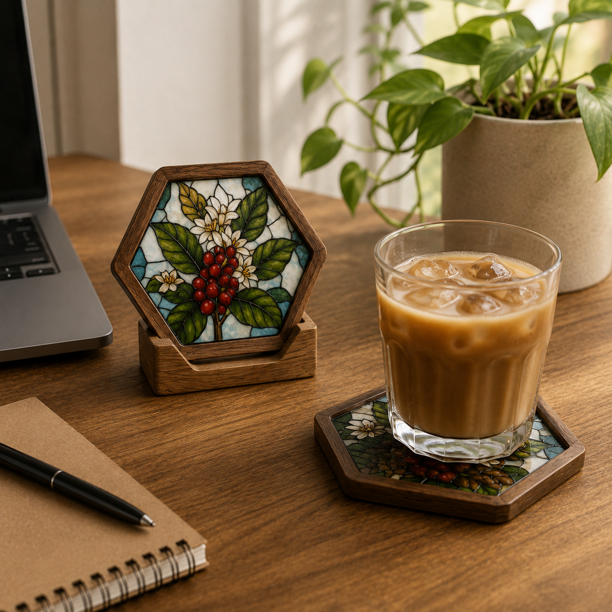 Wood Glass Art Coasters | Stained Glass Style Coffee Coaster Set | Suncatcher Decor | Coffee Bar Decor | Housewarming Gift