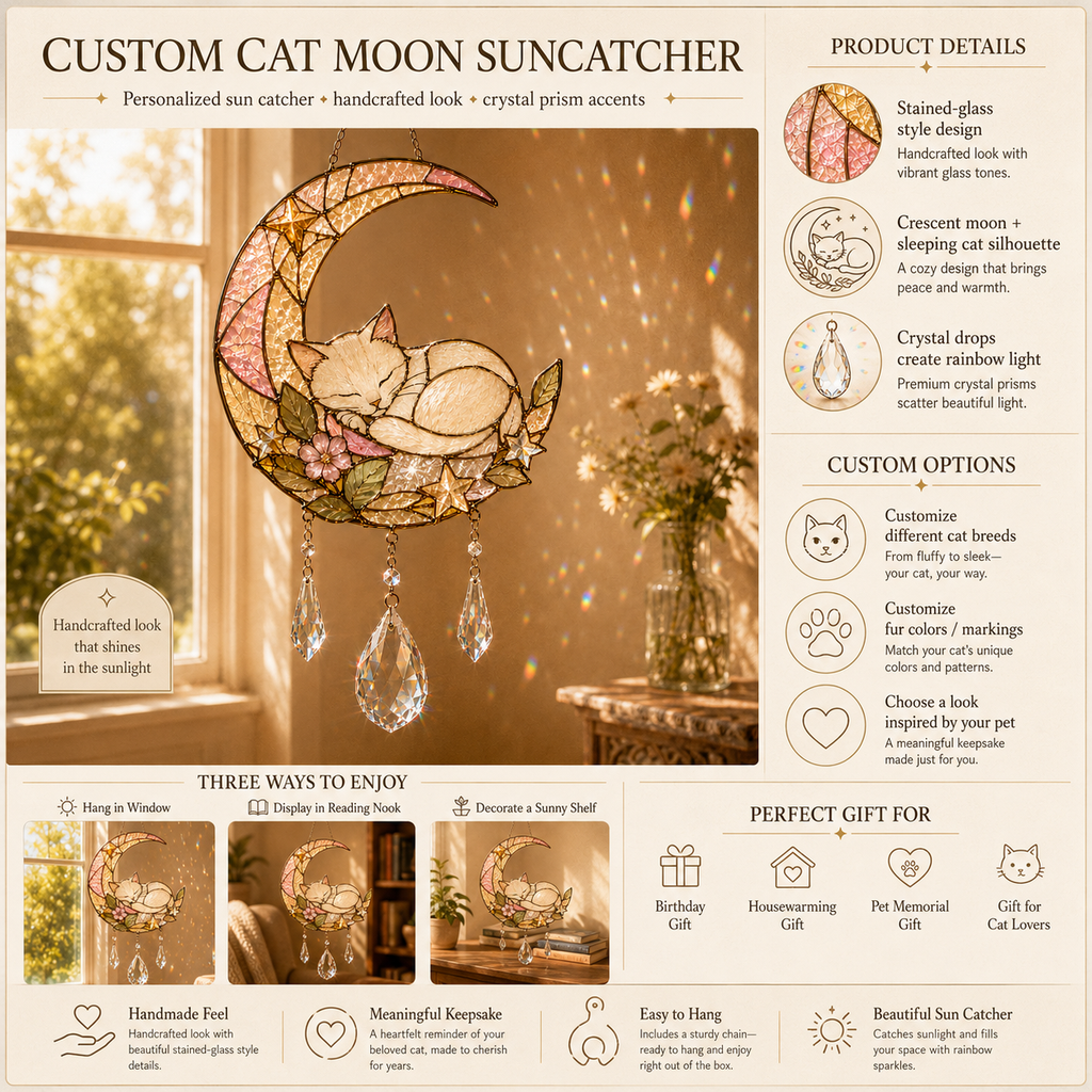 Custom Cat Moon Suncatcher | Personalized Pet Memorial Gift | Stained Glass Style Window Hanging | Cat Lover Gift
