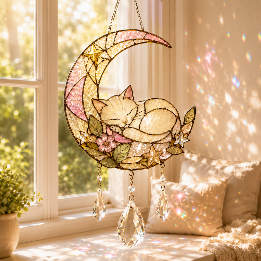 Custom Cat Moon Suncatcher | Personalized Pet Memorial Gift | Stained Glass Style Window Hanging | Cat Lover Gift