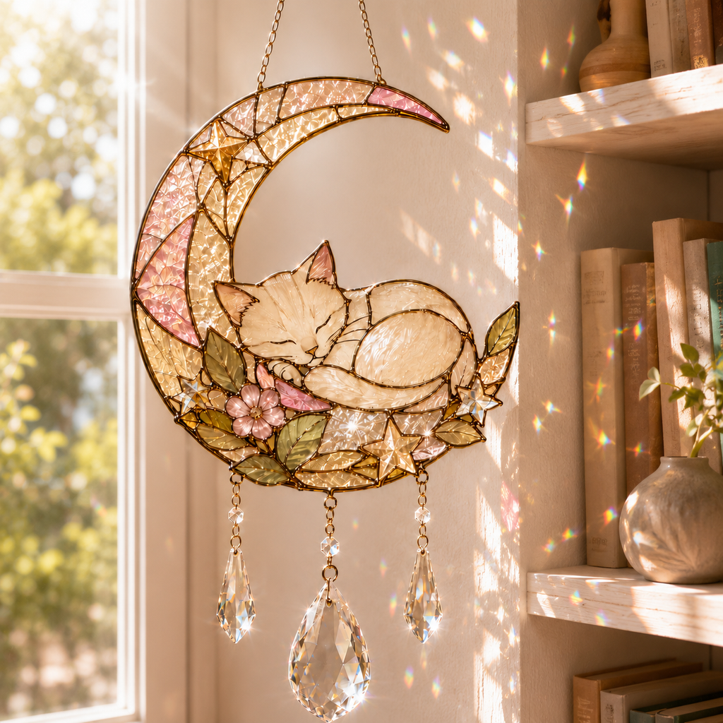 Custom Cat Moon Suncatcher | Personalized Pet Memorial Gift | Stained Glass Style Window Hanging | Cat Lover Gift