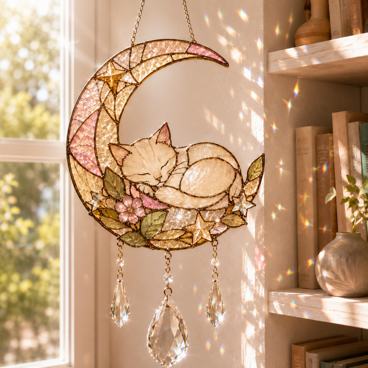 Custom Cat Moon Suncatcher | Personalized Pet Memorial Gift | Stained Glass Style Window Hanging | Cat Lover Gift