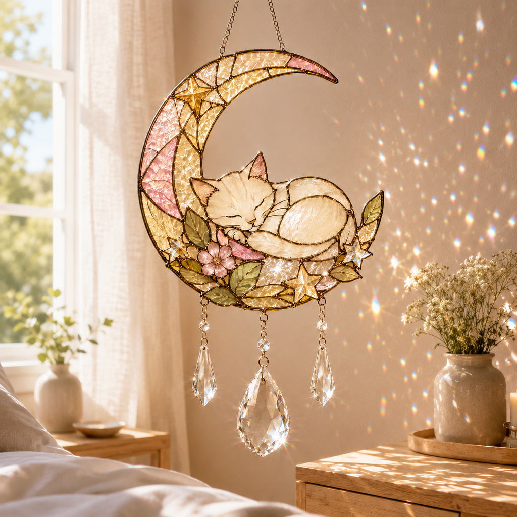 Custom Cat Moon Suncatcher | Personalized Pet Memorial Gift | Stained Glass Style Window Hanging | Cat Lover Gift