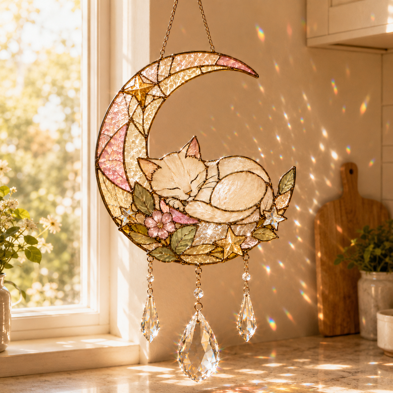 Custom Cat Moon Suncatcher | Personalized Pet Memorial Gift | Stained Glass Style Window Hanging | Cat Lover Gift