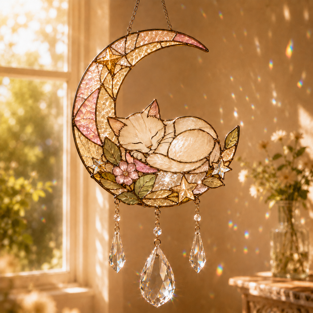 Custom Cat Moon Suncatcher | Personalized Pet Memorial Gift | Stained Glass Style Window Hanging | Cat Lover Gift