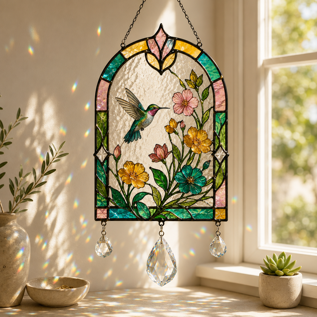 Hummingbird Floral Suncatcher | Stained Glass Style Window Hanging | Crystal Prism Rainbow Decor | Bird Lover Gift | Botanical Home Decor