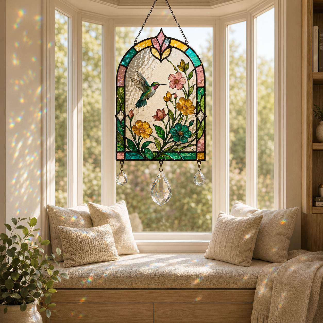 Hummingbird Floral Suncatcher | Stained Glass Style Window Hanging | Crystal Prism Rainbow Decor | Bird Lover Gift | Botanical Home Decor