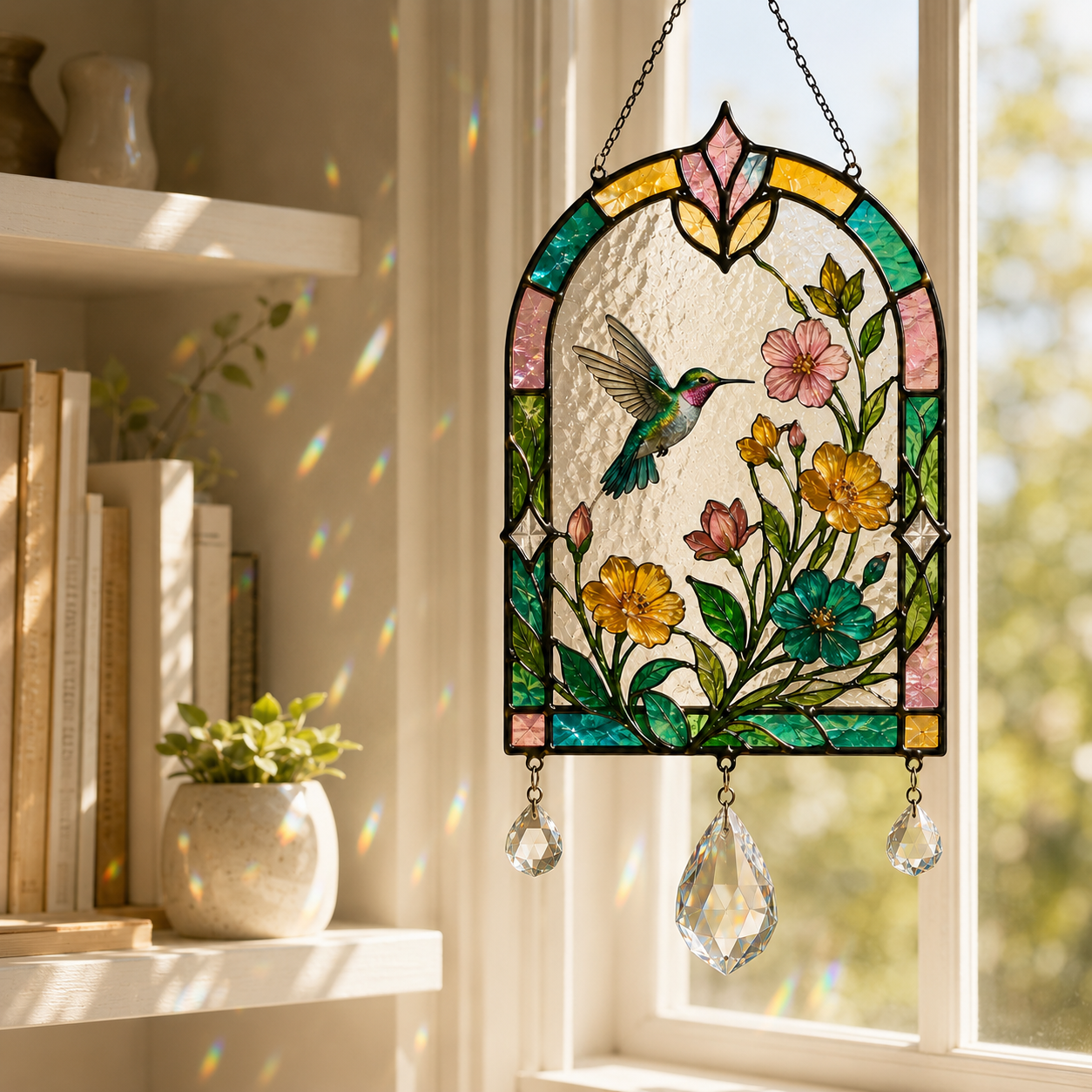 Hummingbird Floral Suncatcher | Stained Glass Style Window Hanging | Crystal Prism Rainbow Decor | Bird Lover Gift | Botanical Home Decor
