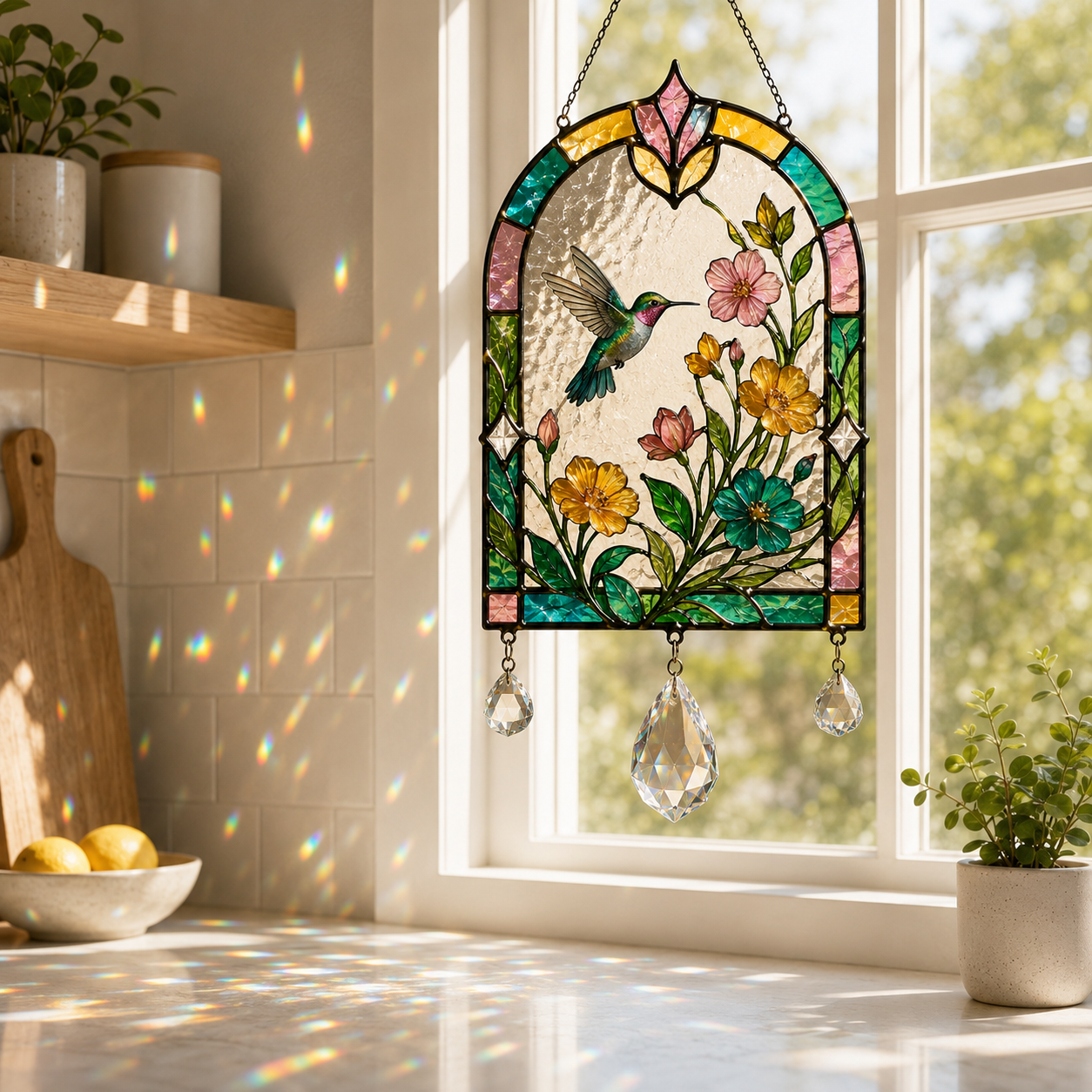 Hummingbird Floral Suncatcher | Stained Glass Style Window Hanging | Crystal Prism Rainbow Decor | Bird Lover Gift | Botanical Home Decor