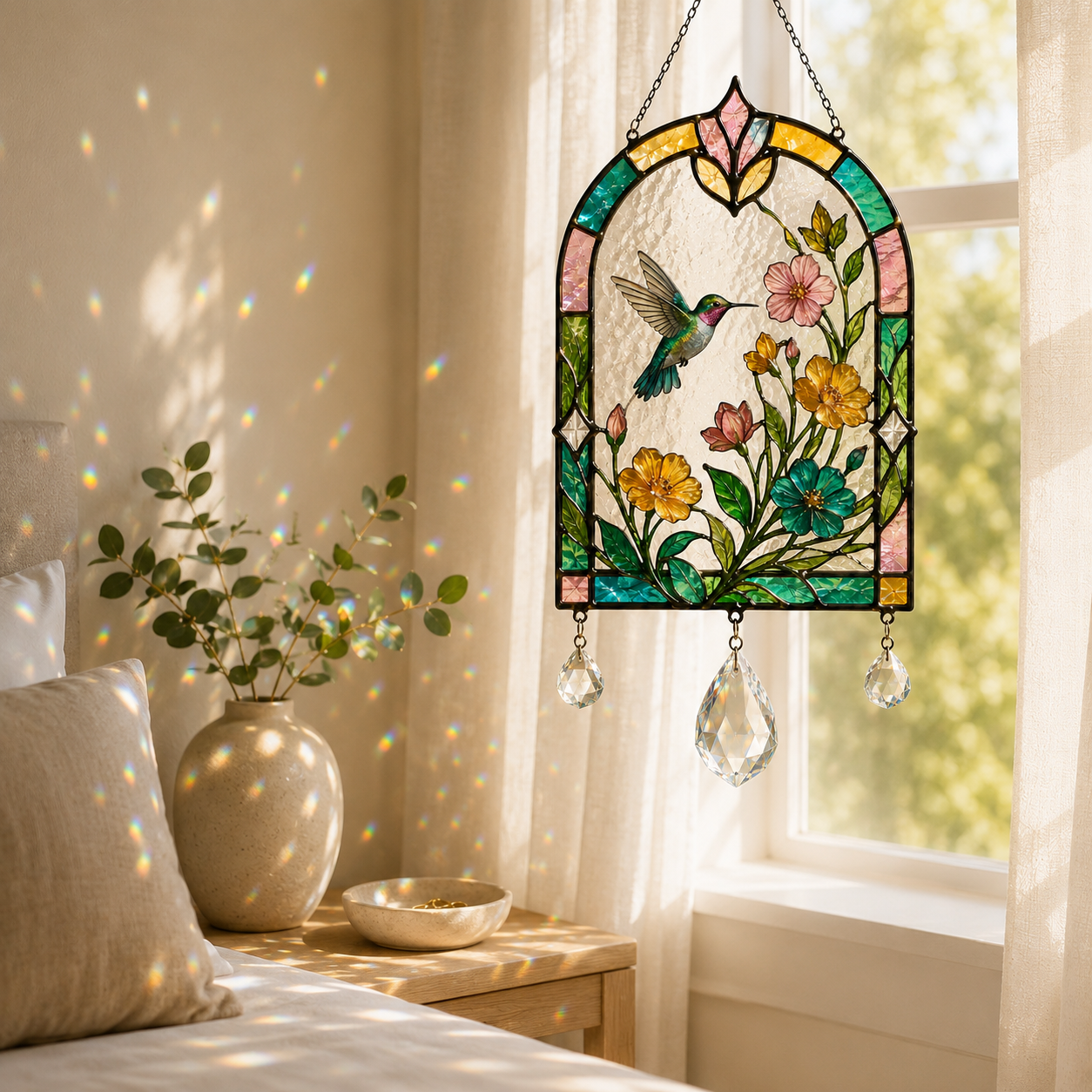 Hummingbird Floral Suncatcher | Stained Glass Style Window Hanging | Crystal Prism Rainbow Decor | Bird Lover Gift | Botanical Home Decor