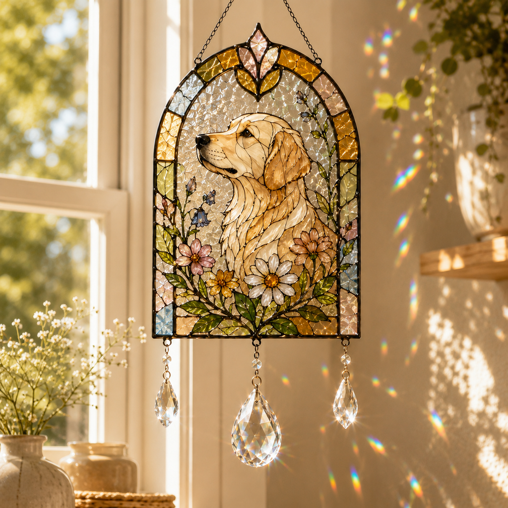 Dog Floral Suncatcher | Stained Glass Style Window Hanging | Crystal Rainbow Decor | Pet Memorial Gift | Dog Lover Gift
