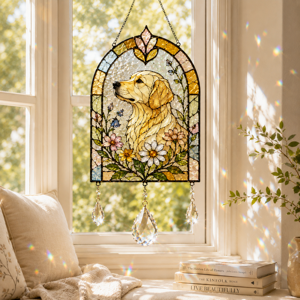Dog Floral Suncatcher | Stained Glass Style Window Hanging | Crystal Rainbow Decor | Pet Memorial Gift | Dog Lover Gift