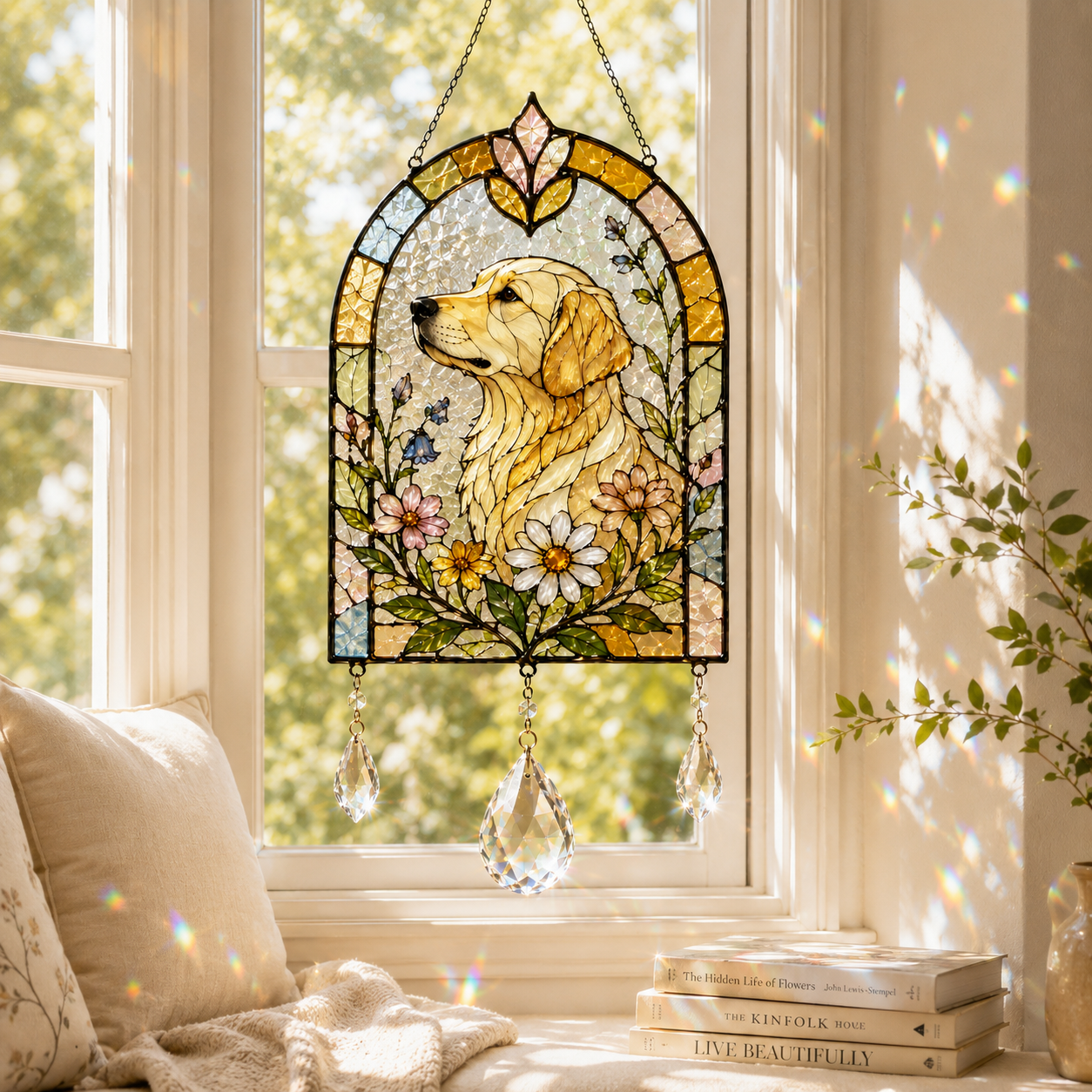 Dog Floral Suncatcher | Stained Glass Style Window Hanging | Crystal Rainbow Decor | Pet Memorial Gift | Dog Lover Gift