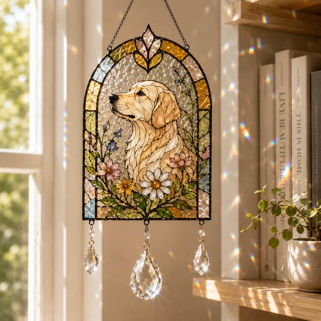 Dog Floral Suncatcher | Stained Glass Style Window Hanging | Crystal Rainbow Decor | Pet Memorial Gift | Dog Lover Gift