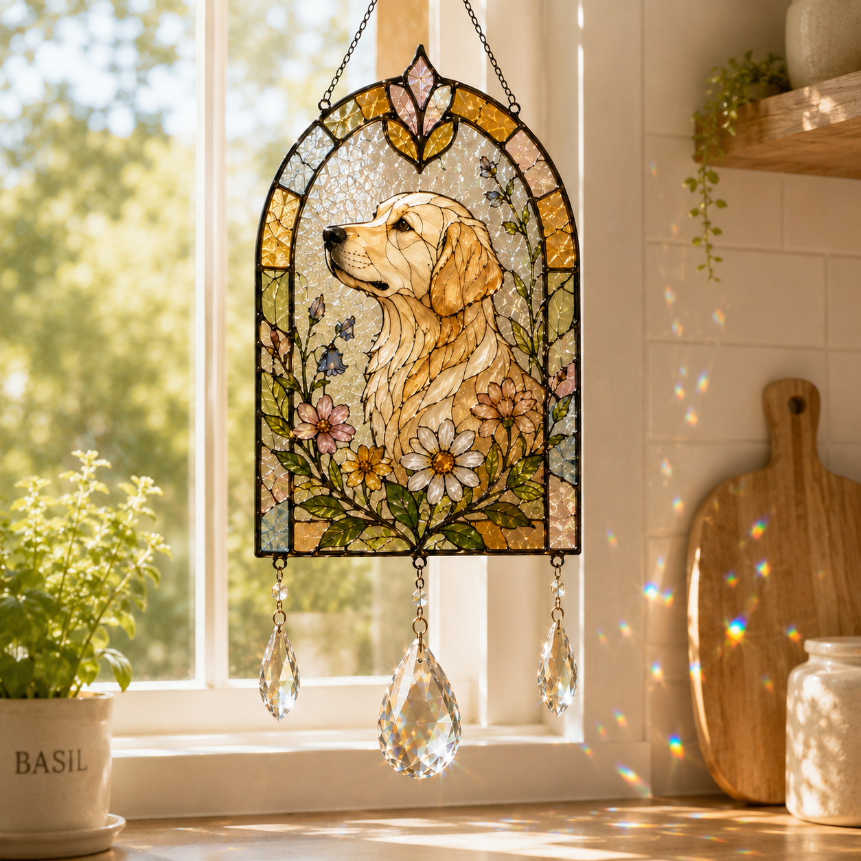 Dog Floral Suncatcher | Stained Glass Style Window Hanging | Crystal Rainbow Decor | Pet Memorial Gift | Dog Lover Gift