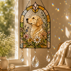 Dog Floral Suncatcher | Stained Glass Style Window Hanging | Crystal Rainbow Decor | Pet Memorial Gift | Dog Lover Gift