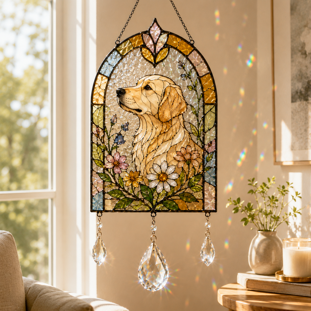Dog Floral Suncatcher | Stained Glass Style Window Hanging | Crystal Rainbow Decor | Pet Memorial Gift | Dog Lover Gift