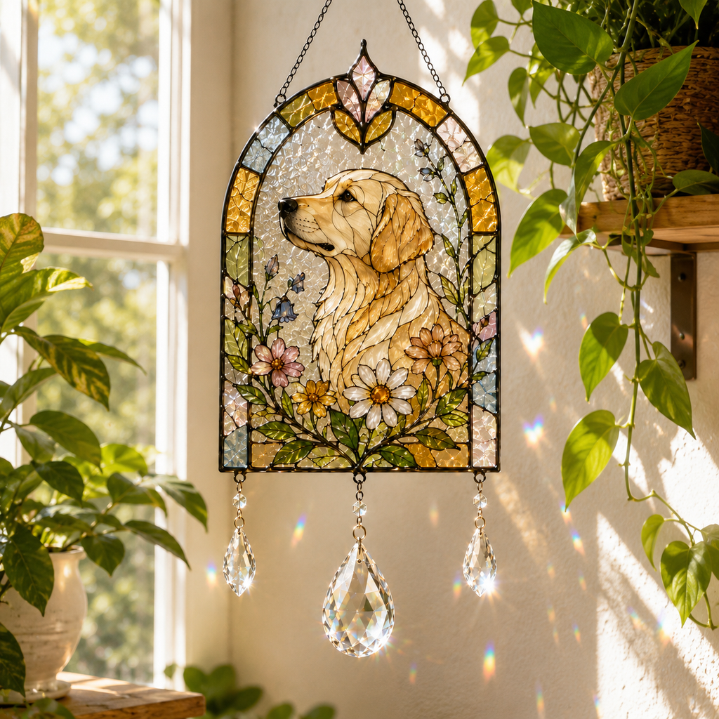 Dog Floral Suncatcher | Stained Glass Style Window Hanging | Crystal Rainbow Decor | Pet Memorial Gift | Dog Lover Gift