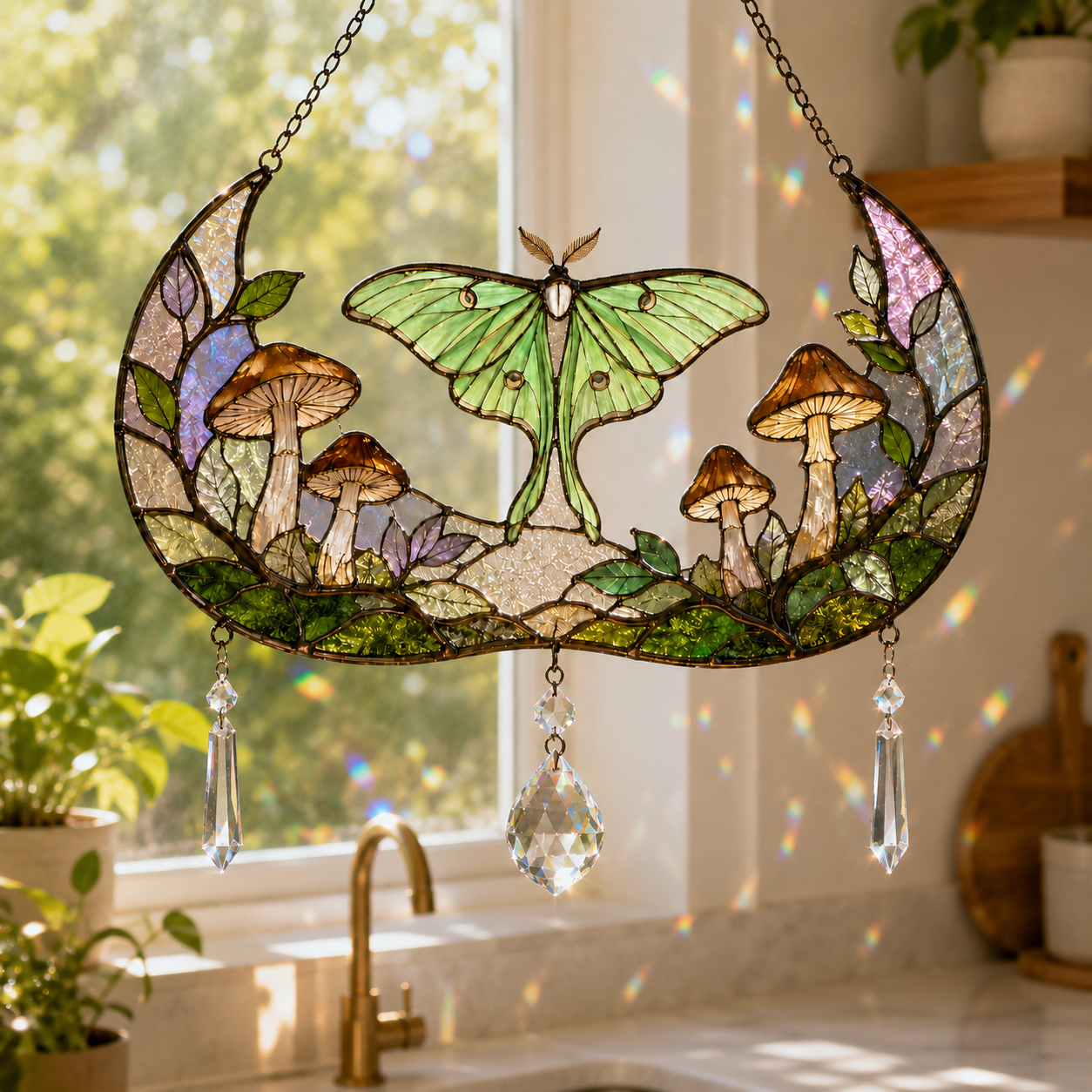 Luna Moth Moon Suncatcher | Stained Glass Style Window Hanging | Mushroom Crystal Rainbow Decor | Cottagecore Gift