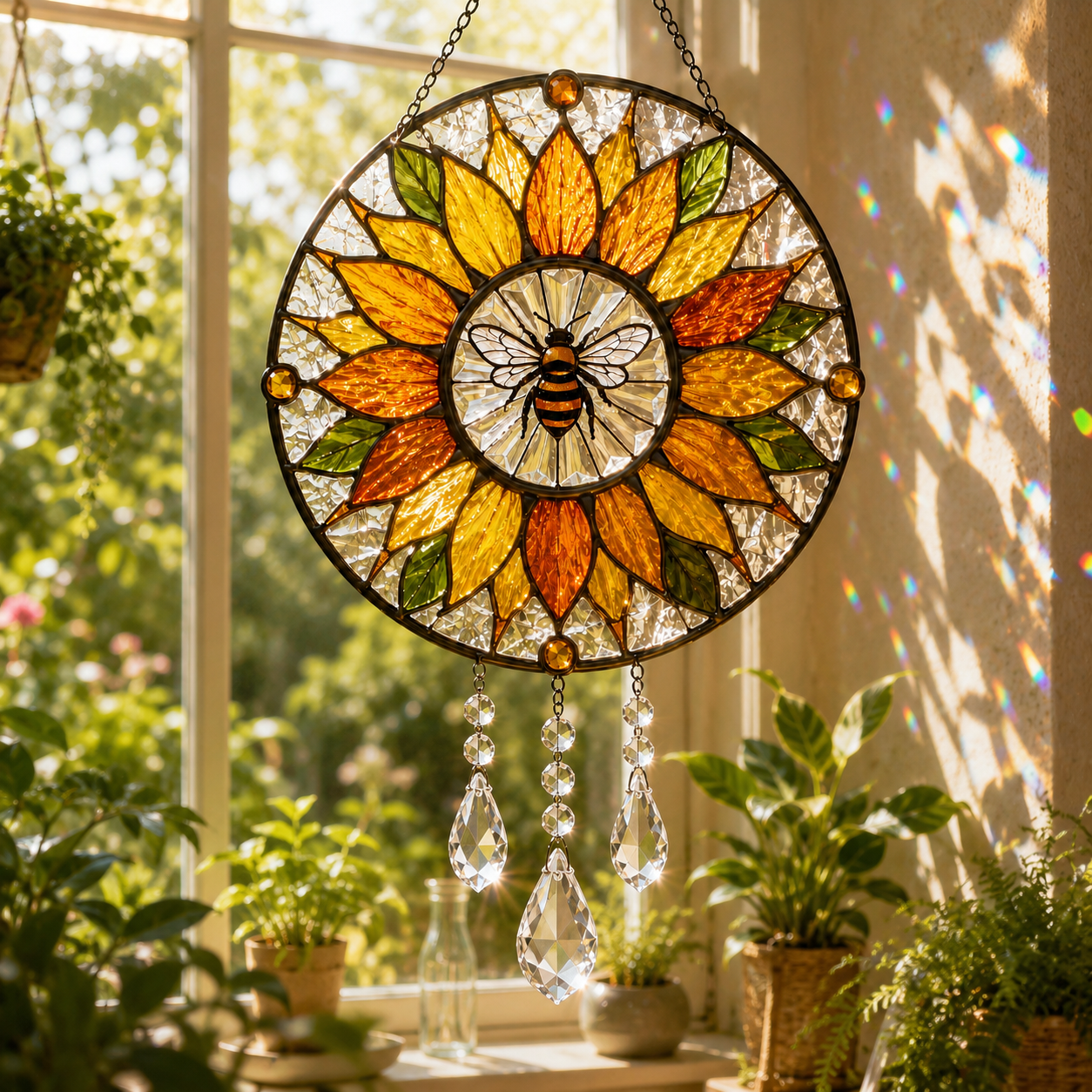 Sunflower Bee Suncatcher | Stained Glass Style Window Hanging | Crystal Rainbow Decor | Bee Lover Gift | Sunroom Decor