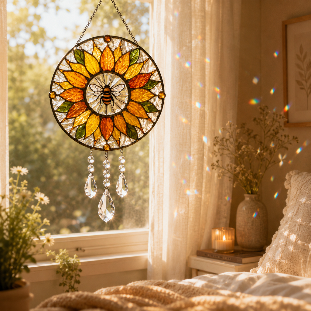 Sunflower Bee Suncatcher | Stained Glass Style Window Hanging | Crystal Rainbow Decor | Bee Lover Gift | Sunroom Decor