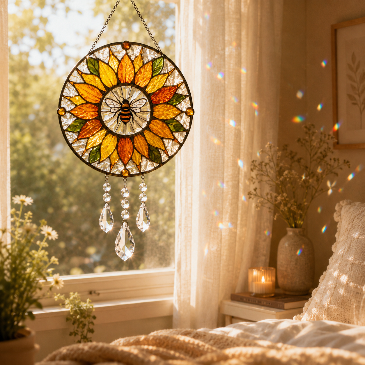 Sunflower Bee Suncatcher | Stained Glass Style Window Hanging | Crystal Rainbow Decor | Bee Lover Gift | Sunroom Decor