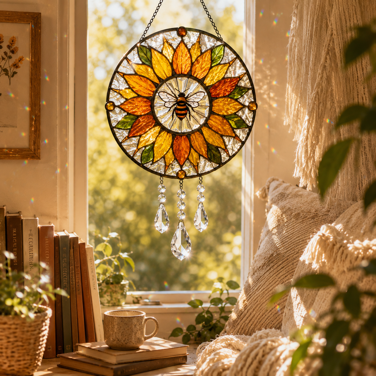 Sunflower Bee Suncatcher | Stained Glass Style Window Hanging | Crystal Rainbow Decor | Bee Lover Gift | Sunroom Decor