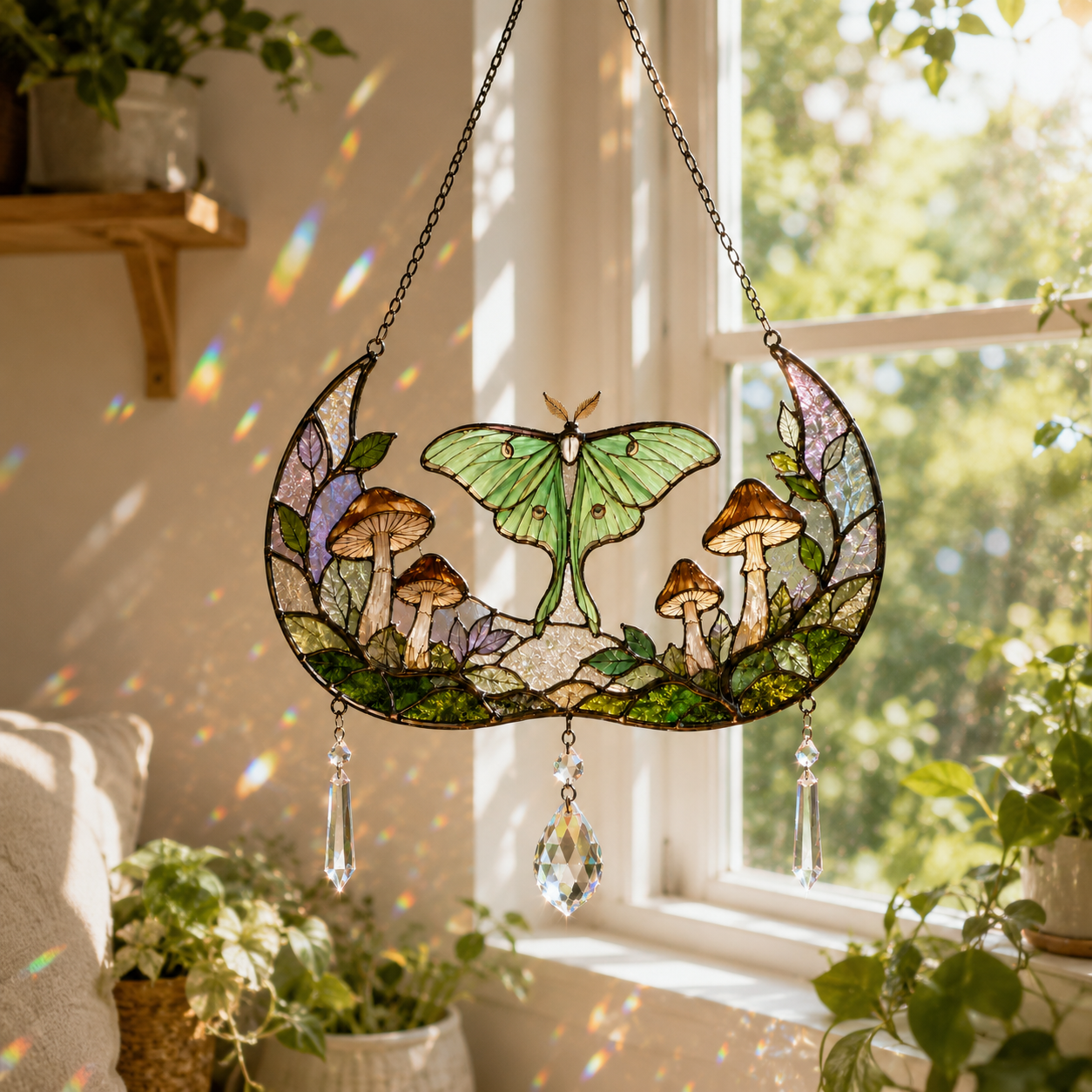 Luna Moth Moon Suncatcher | Stained Glass Style Window Hanging | Mushroom Crystal Rainbow Decor | Cottagecore Gift