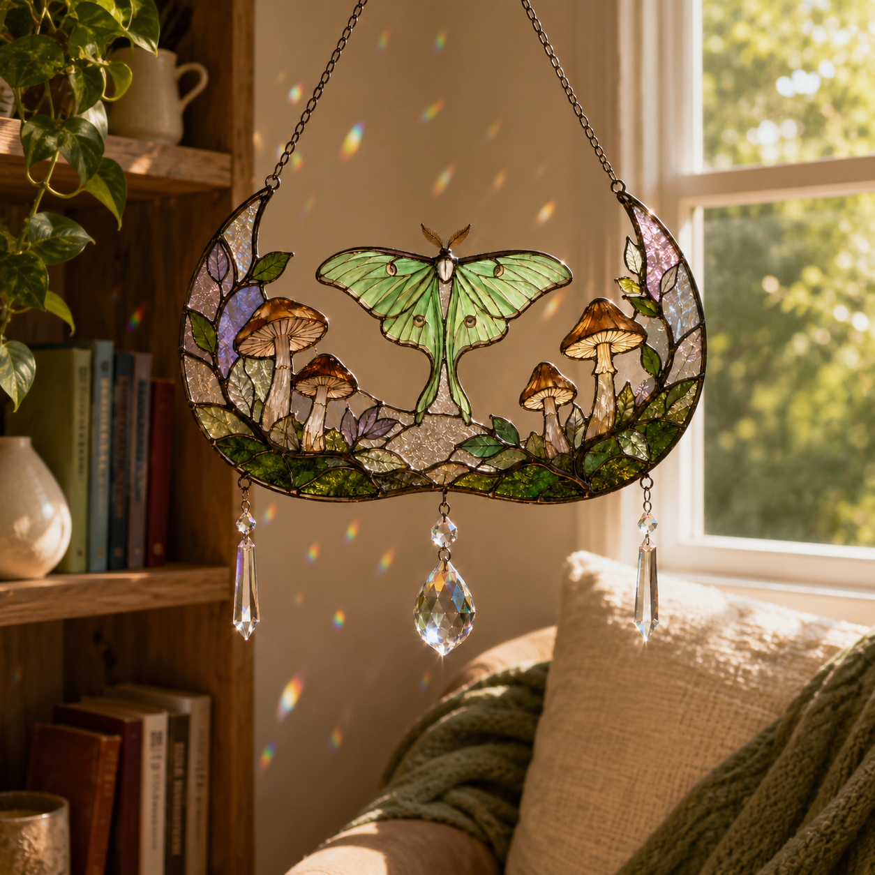 Luna Moth Moon Suncatcher | Stained Glass Style Window Hanging | Mushroom Crystal Rainbow Decor | Cottagecore Gift