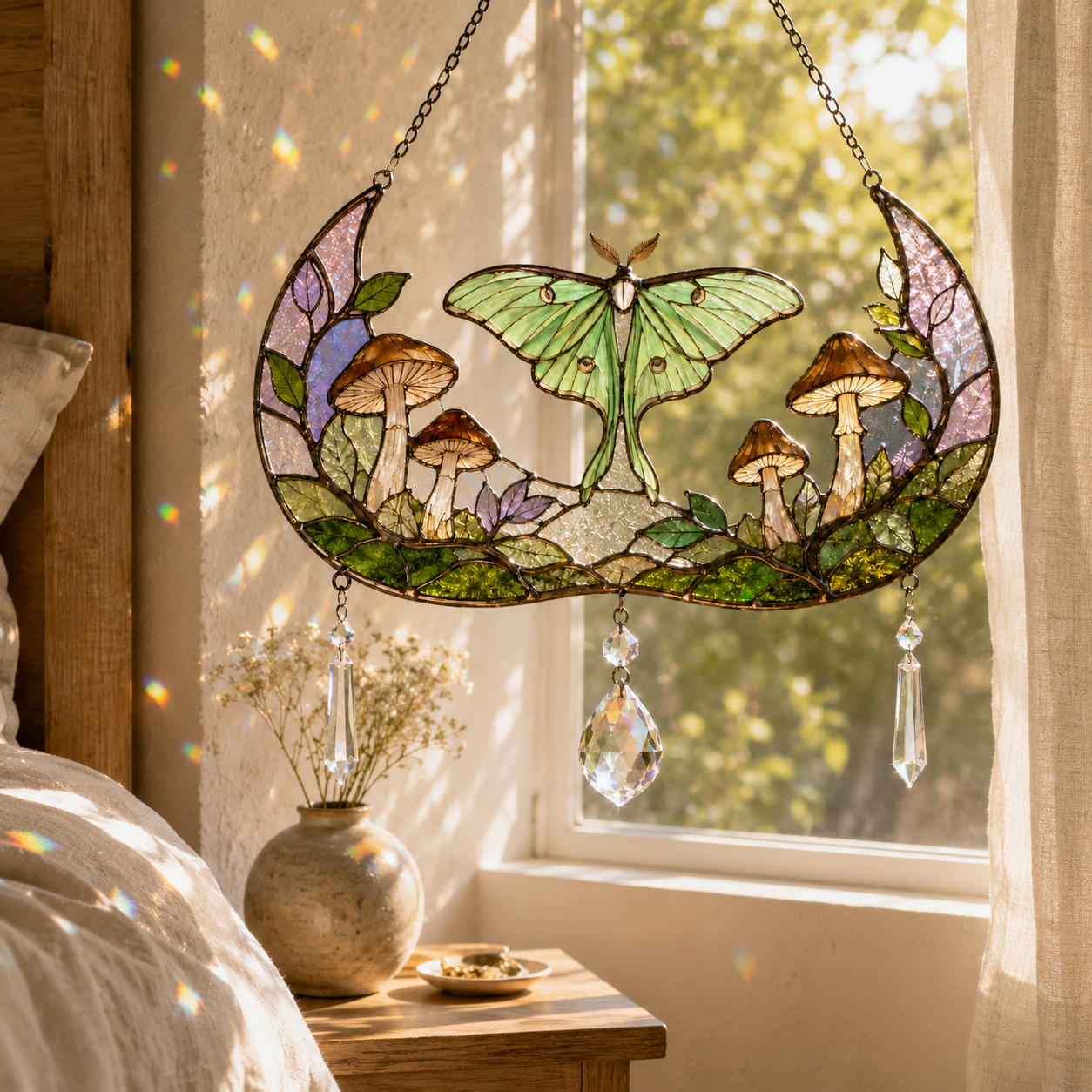 Luna Moth Moon Suncatcher | Stained Glass Style Window Hanging | Mushroom Crystal Rainbow Decor | Cottagecore Gift
