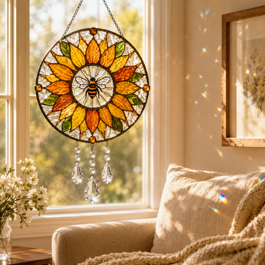 Sunflower Bee Suncatcher | Stained Glass Style Window Hanging | Crystal Rainbow Decor | Bee Lover Gift | Sunroom Decor