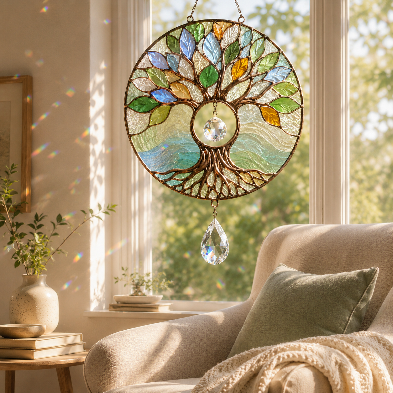 Tree of Life Suncatcher | Stained Glass Style Window Hanging | Crystal Rainbow Decor | Nature Lover Gift | Sunroom Decor Reading Nook Decoration