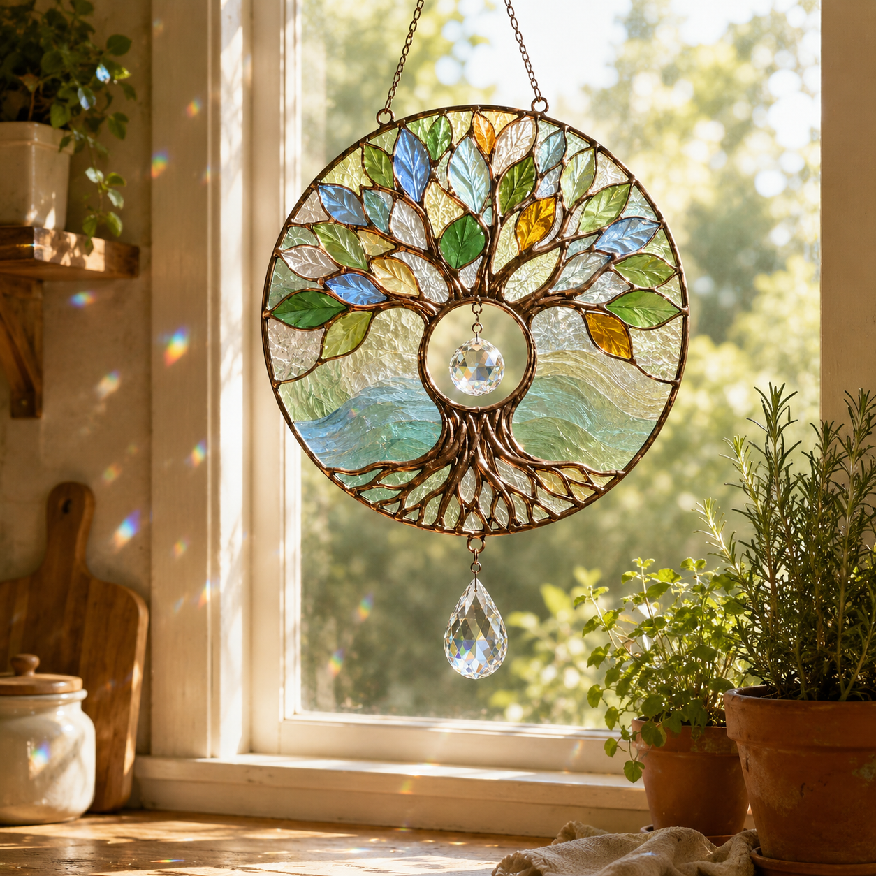 Tree of Life Suncatcher | Stained Glass Style Window Hanging | Crystal Rainbow Decor | Nature Lover Gift | Sunroom Decor Reading Nook Decoration