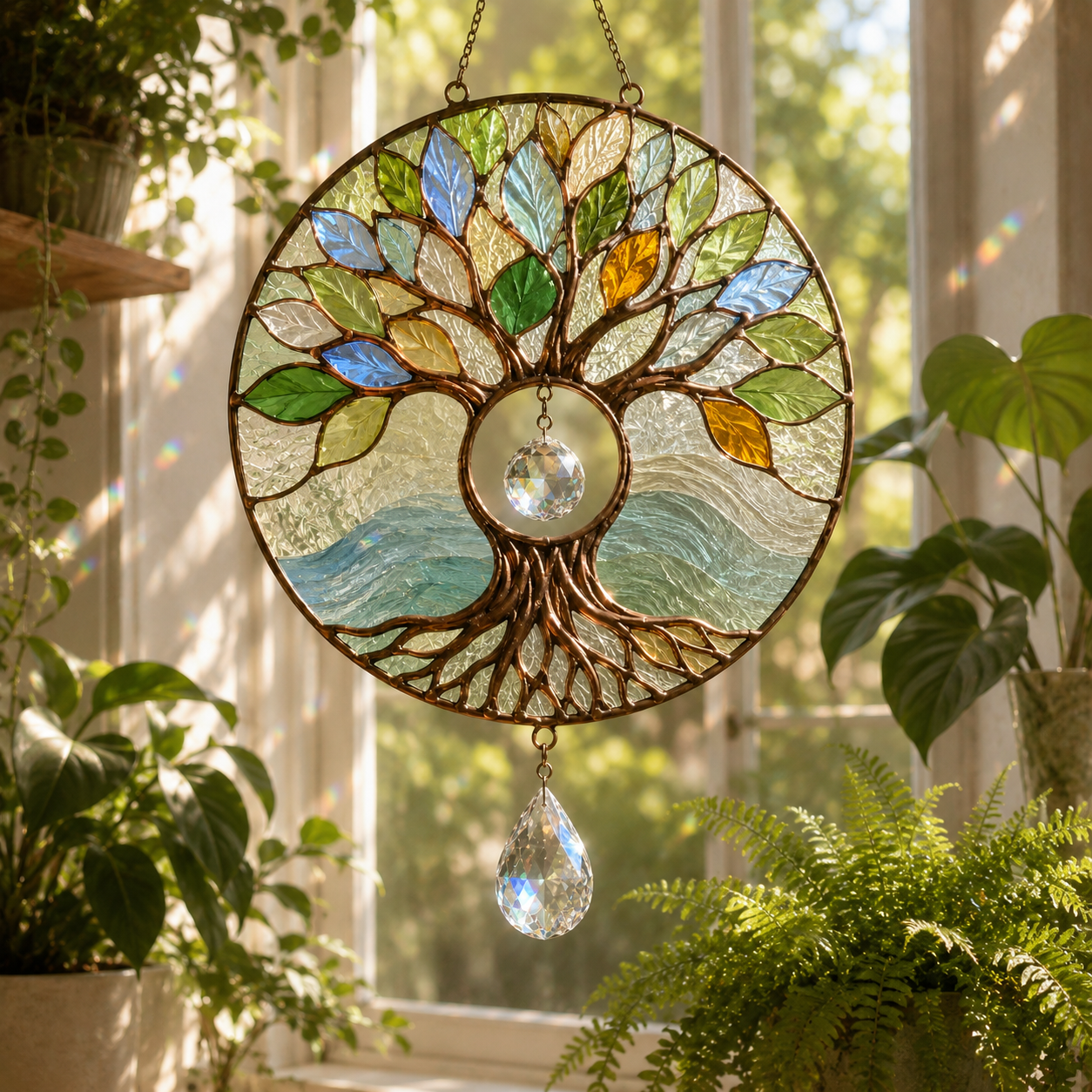 Tree of Life Suncatcher | Stained Glass Style Window Hanging | Crystal Rainbow Decor | Nature Lover Gift | Sunroom Decor Reading Nook Decoration