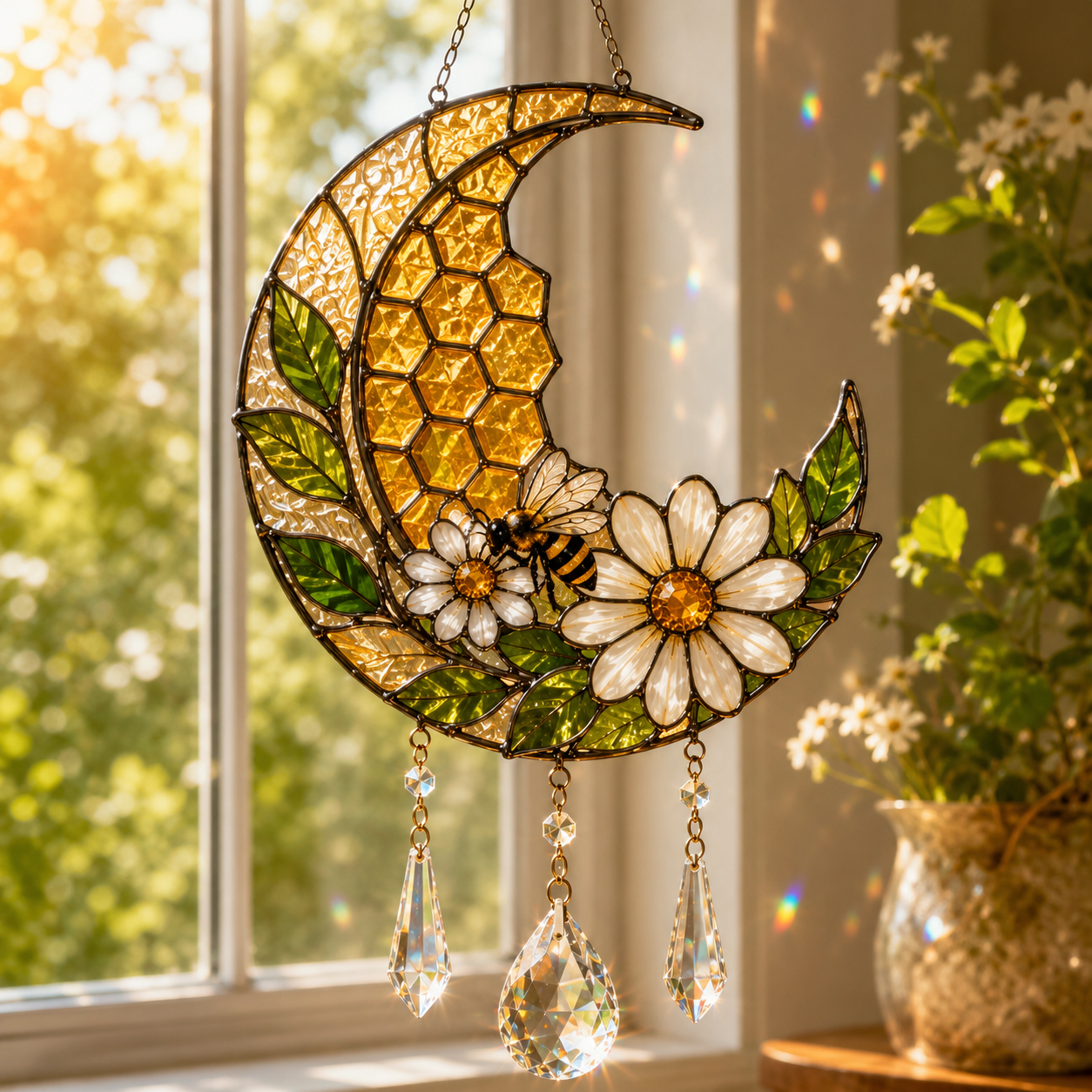 Bee Moon Suncatcher | Daisy Honeycomb Window Hanging | Crystal Rainbow Decor | Cottagecore Bee Lover Gift